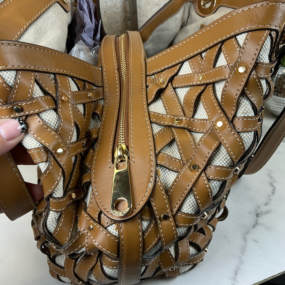 Michael‎ Kors Brooklyn Brown Gold Studded Woven Leather Canvas Shoulder Bag - Picture 5 of 16